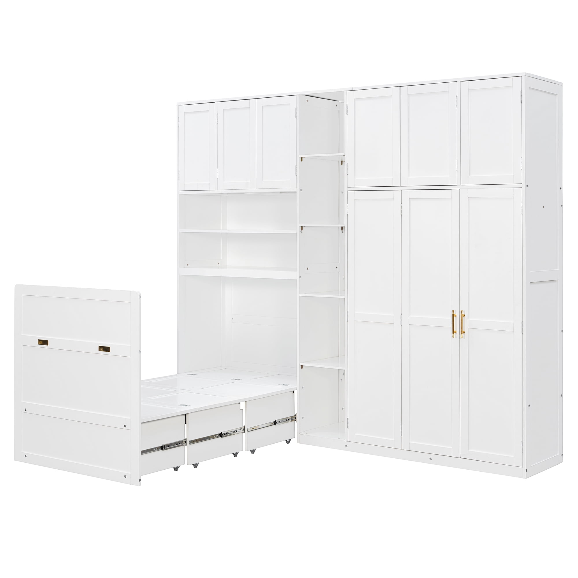 Mintazer Twin Murphy Bed with Wardrobe & LED Shelves, Modern Folding Cabinet Bed with Storage for Bedroom Apartment Guest Room, White