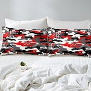 YST Teen Boys Grey Skulls Bedding Set Kids Red Black White Camo Skeleton Comforter Cover Twin Gothic Skull Camouflage Duvet Cover Geometric Spots Bedspread Cover 1 Pillow Case Bedroom Decor