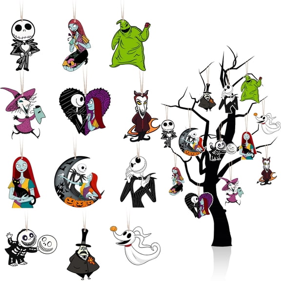 YIBAGA Halloween Tree Ornament Hanging Decoration 24 PCs, Wooden Hanging Ghost Skull Ornaments Home Indoor Decor Party Supplies