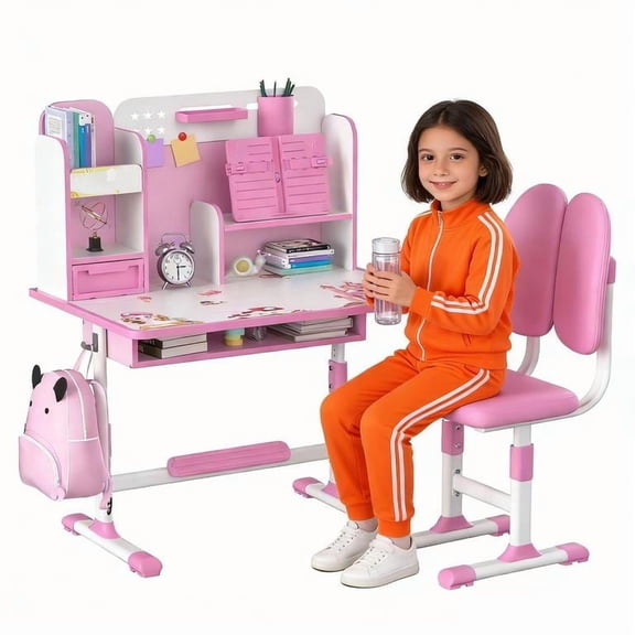 YNCE Kids Desk and Chair Set, Height Adjustable Kid Desk with Storage Drawers and Bookshelf, Escritorio para NiñOs,Curved Desktop Reading Writing Table for Kids