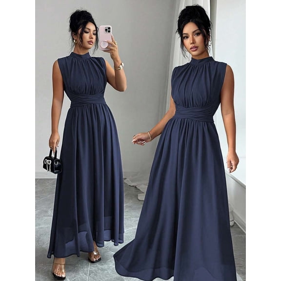 Navy Blue Womens Sleeveless High Neck Chiffon A-Line Maxi Dress With Criss-Cross Waist Tie