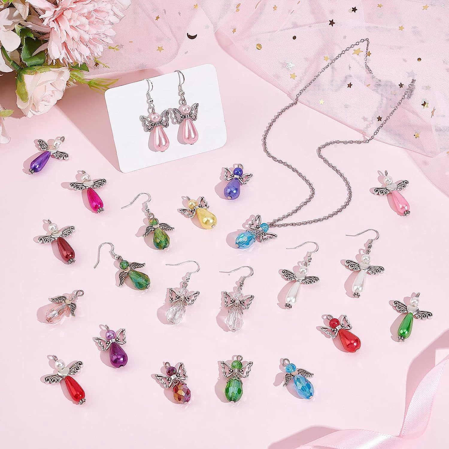 1 Box 60Pcs Angel Charms Angel Beads Beading Guardian Charm Beaded Wings Faceted Glass for Jewelry Making Party Favor Gift DIY Necklace Earring Keychain Craft Mixed Color Mixed Color