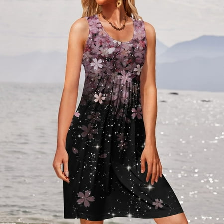 

XIAOFFENN Corset Dress Women Fashion Sleeveless Rounk Neck Summer Comfy Printing Casual Loose Tank Dress Pink XXL