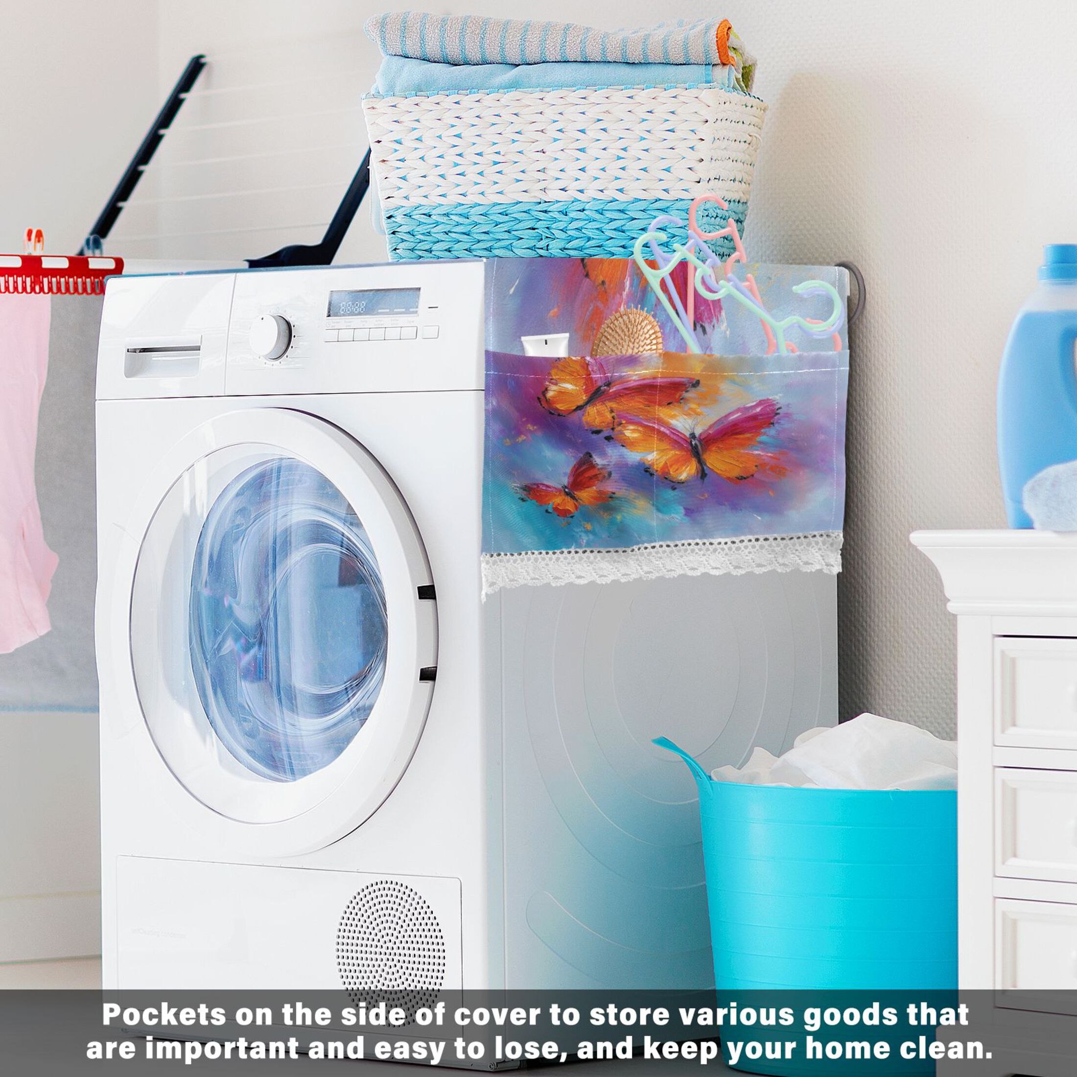 Dustproof Washing Machine Cloth Washer and Dryer Top Covers, Fridge Dust Cover, With Storage Bags Red and Orange Butterflies