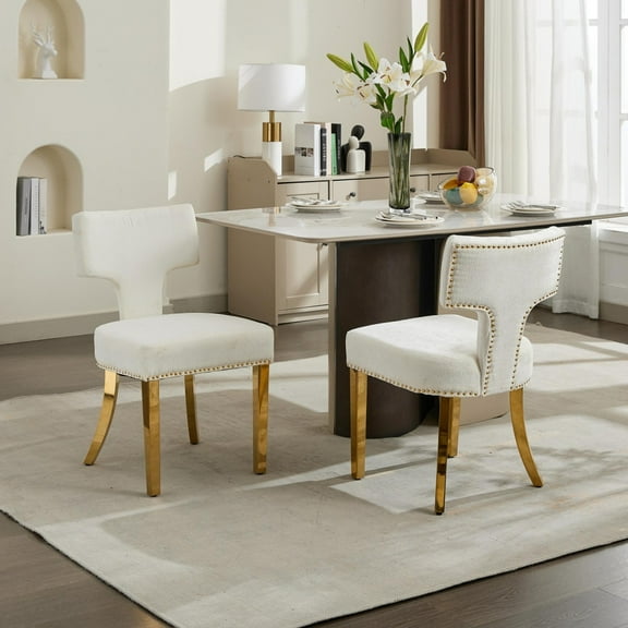 Mid Century Modern Dining Chairs Set of 2 with Golden Stainless Steel Plating Legs, Farmhouse Chenille Fabric Upholstered Accent Chair with Curved Backrest and Copper Nails, Beige