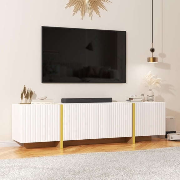 DIYART Luxury Fluted TV Stand for 65/70/75 Inch TV, Modern Chic Entertainment Center with 4 Doors, Wooden Media Console for Living Room and Bedroom, White