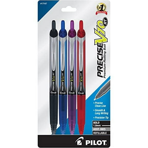 PILOT Precise V10 Retractable Rolling Ball with Liquid Ink, 1.0mm Bold Point, Assorted Colors, 4-pk