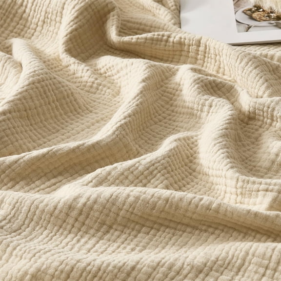 Muslin Blanket 100% Cotton Blankets Twin Size 4-Layer Breathable Lightweight Soft for Couch Bed Boho Farmhouse Linen Tassels Ruffle Gauze Blankets All Season 60x80 Inches Beige Tan Neutral