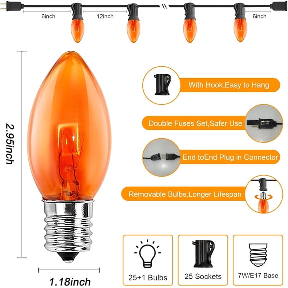 YUYAN-C9 Orange Christmas String Lights, 25Ft Outdoor Christmas Decorations Lights with 26 Incandescent Orange Bulbs, Connectable Patio Lights Waterproof for Outdoor Halooween Party Backyard Roofline
