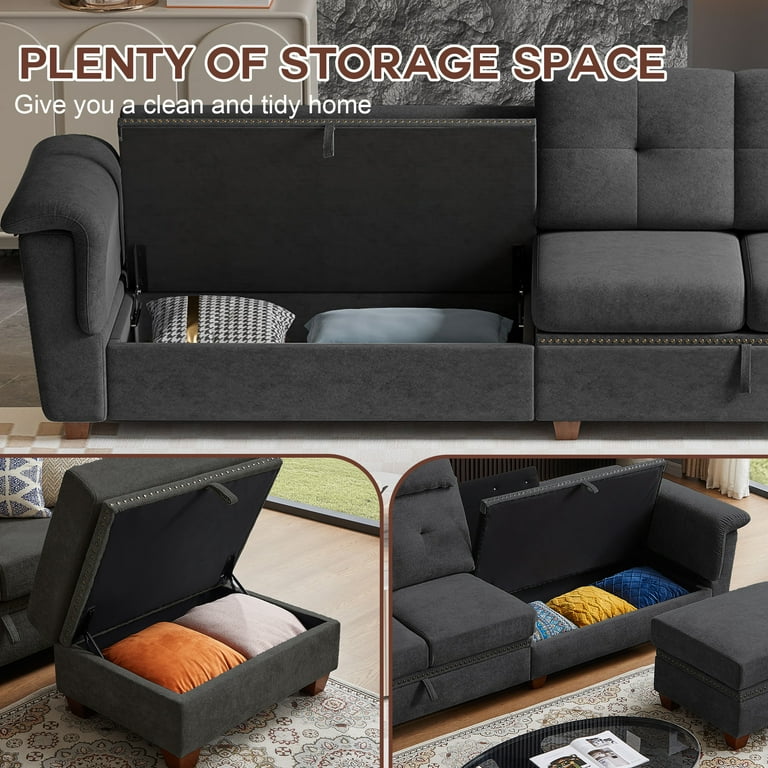 Big Space Movable 4-Seater L-shaped Sofa with Storage, Comfy