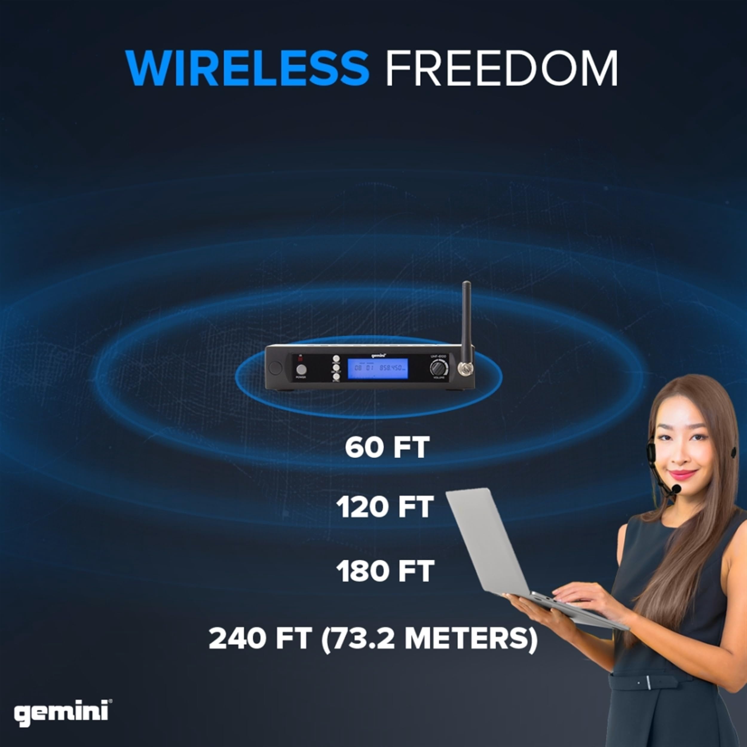 Gemini, 1 Wireless Lavalier Microphone System, UHF Single Channel Receiver Noise-Free, 240 Ft. Audio Range, 512.0-537.5 Mhz, Ultralight, XLR Connector, 2 Headset (UHF-6200HL-R2)