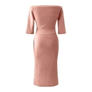 Aofany Maxi Dresses for Women,Wedding Guest Dresses Summer Solid One-Shoulder Pleated Split Fork Dress Party Dress Rose Gold M