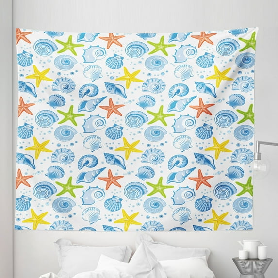 Sea Shells Tapestry, Starfishes Aqua Marine Inspirations Aquarium Oyster Nautical Wildlife Underwater, Fabric Wall Hanging Decor for Bedroom Living Room Dorm, 5 Sizes, Multicolor, by Ambesonne