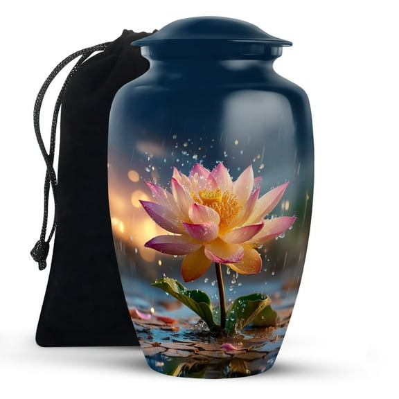 KARYLIZ Lotus Flower Urns - Funeral Urns for Adult Ashes Women - Rainfall Cremation Urn for Female & Male - Burial Urn for Mom & Dad - Blue Funeral Remains Decorative