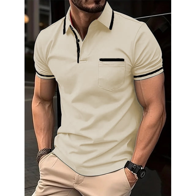 2024 Summer casual Office solid color pocket POLO shirt Men‘s Breathable Short Sleeve Top LS