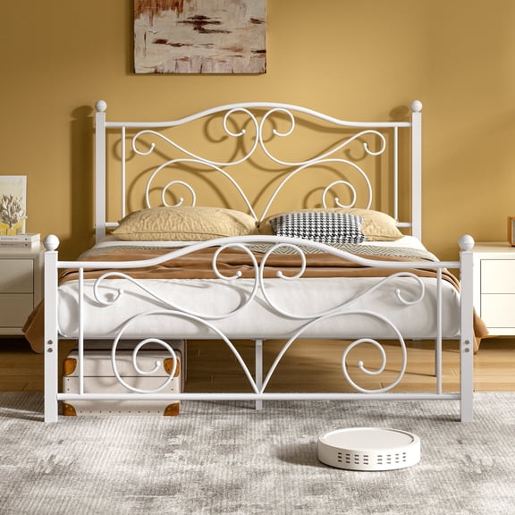VECELO Queen Size Bed Frame with Butterfly Shaped Headboards and Footboard, Metal Platform Bed Frame/Mattress Foundation, No Box Spring Needed, Easy Assembly, White