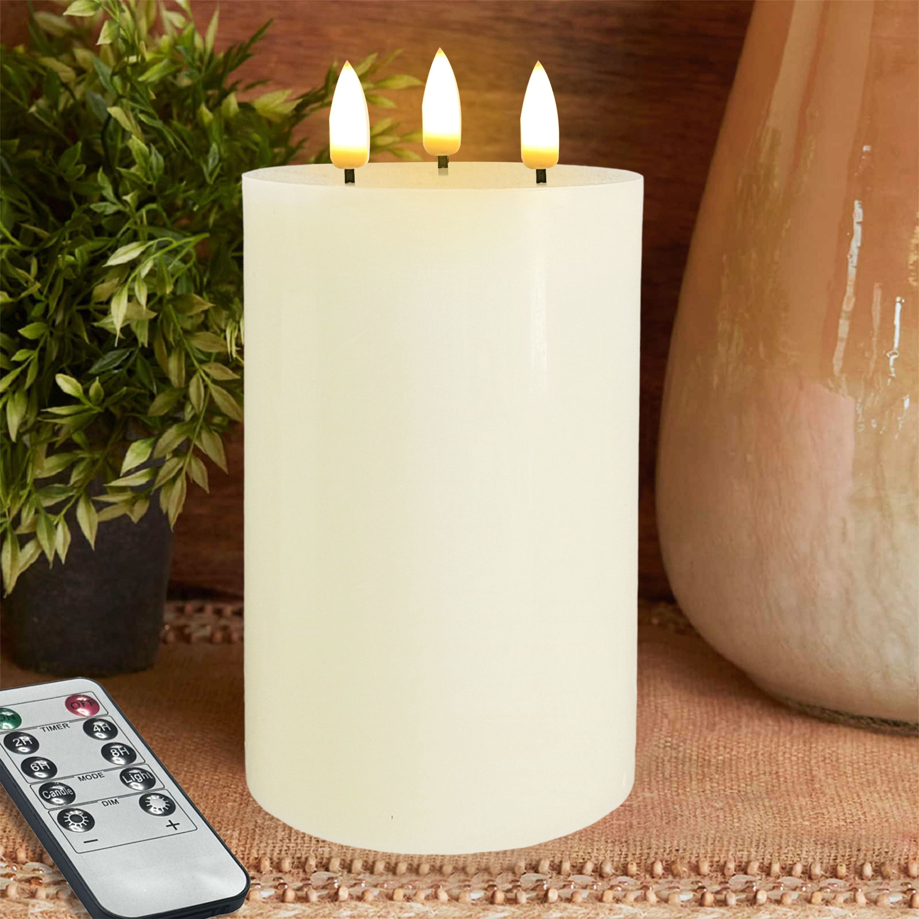 Flameless Candles with 3 Wicks, Battery Operated Candles with Remote Control and Timers, 6 inch Diameter LED Pillar Candles, Real Wax, Ivory