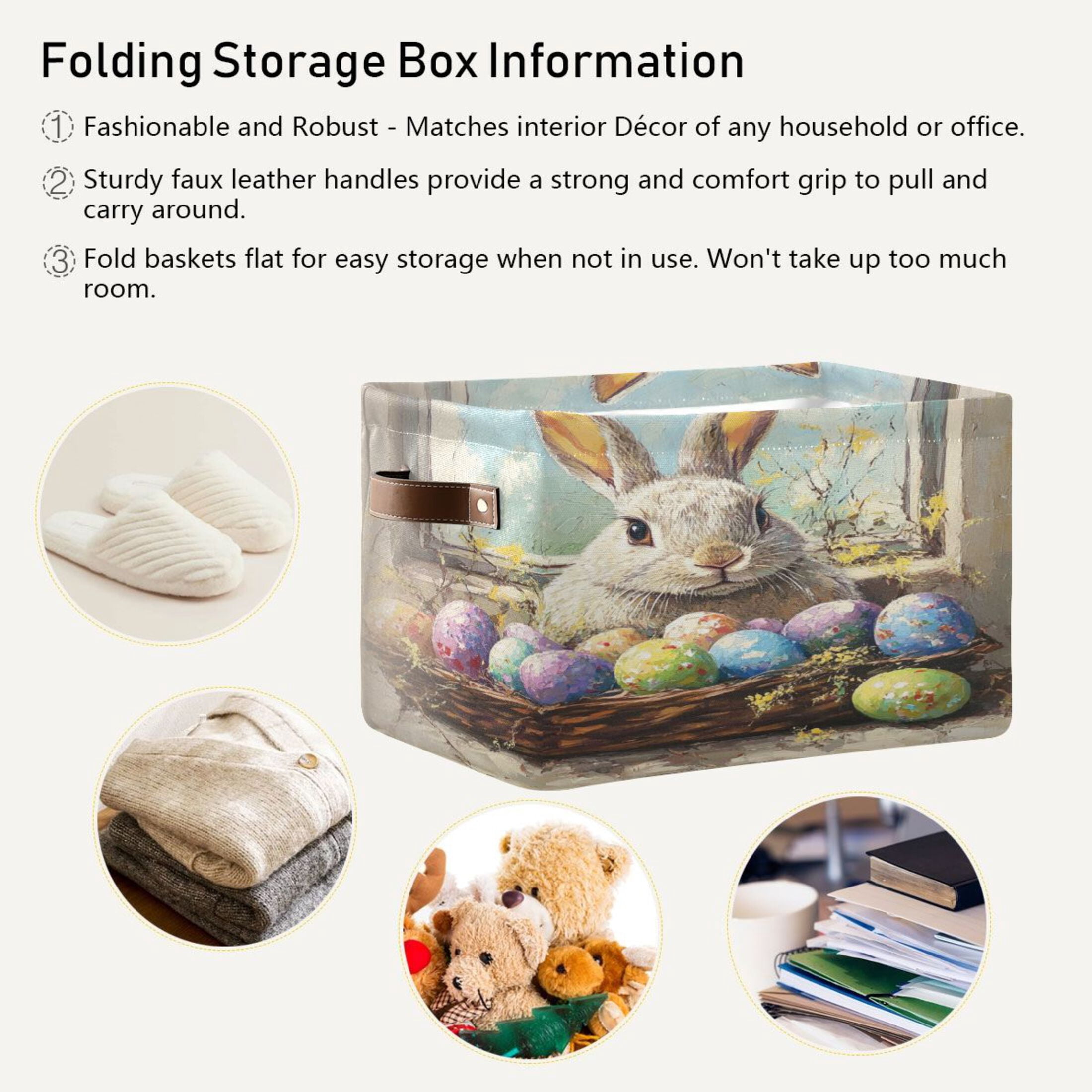 Square Storage Basket 14.2*10.2*8.3 Inch One Sizex2 Shelf Basket Open Home Storage Bins Bedroom Storage Basket Closet Storage Stylish Decor Cute Easter Bunny and Eggs