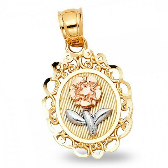 Solid 14k Yellow White Rose Gold Oval Rose Pendant Flower Charm Diamond Cut Tri Color 20 x 15 mm