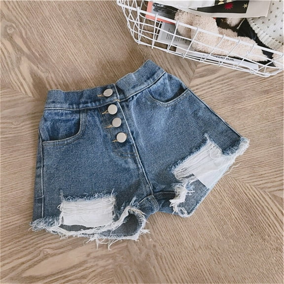 XIMIN Toddler Baby Girls Summer Ripped Jeans Shorts High Waisted Distressed Ripped Raw Trim Shorts High Waist Straight Leg Denim Short Pants (18-24 Months, Blue)