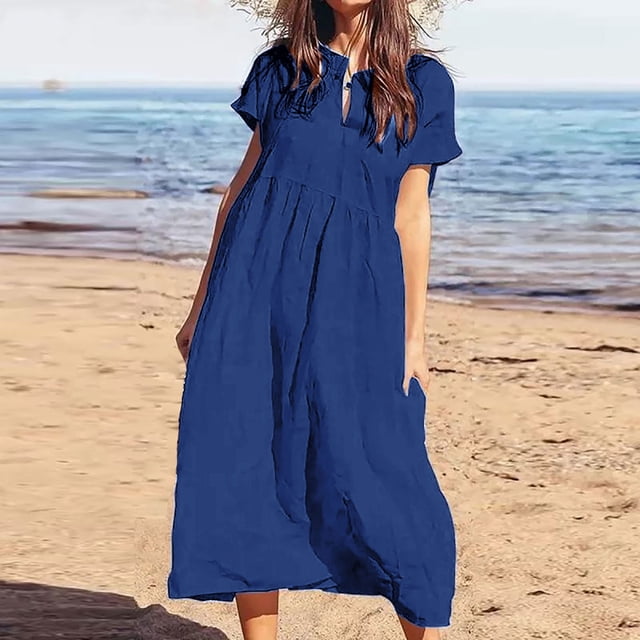 Meichang Robes Maxi d'Été pour Femmes Grande Taille en Coton et Lin Unies Robe Trapèze à Manches Courtes Col en V Fendu Ample Décontractée Tunique Robe de Plage pour Vacances
