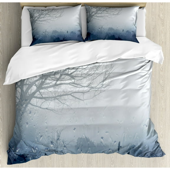 Forest Duvet Cover Set King Size, Raindrops Mystic Foggy Scenery Romantic Window Water Melancholia Therapy Lonely Tree, Decorative 3 Piece Bedding Set with 2 Pillow Shams, Gray Denim, by Ambesonne