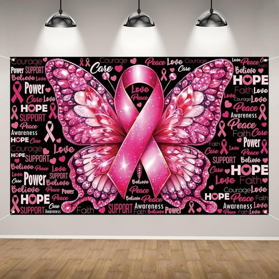 Breast Cancer Awareness Photo Backdrop Faith Hope Love Butterfly Banner October Pink Ribbon Party Decorations and Supplies for Home-71×43''