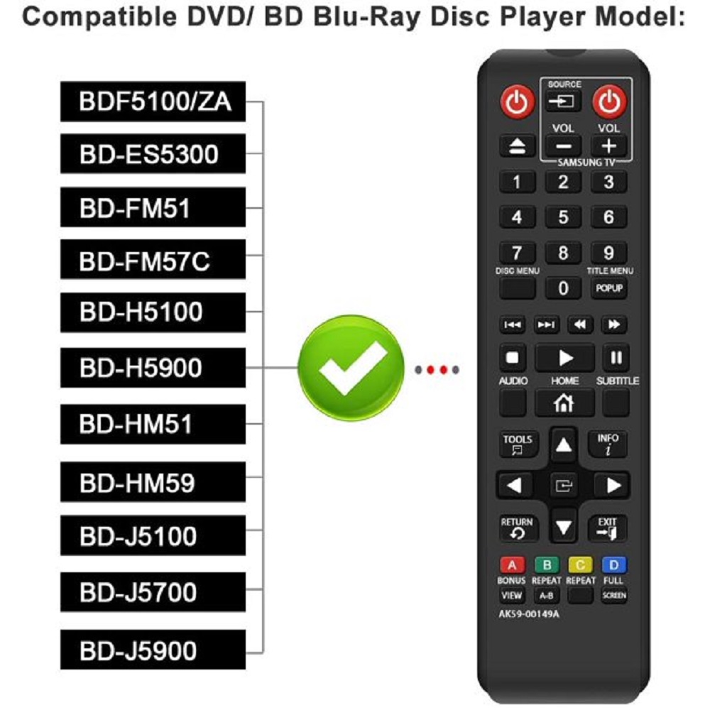 Samsung Replacement AK59-00149A Remote Control for Samsung BLU RAY DISC Player  BDF5100/ZA BD-ES5300 BD-FM51 BD-FM57C BD-H5100 BD-H5900 BD-HM51 BD-HM59 BD-J5100 BD-J5700 BD-J5900 BDMF57C/ZA BD-JM59/ZA - image 3 of 7