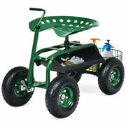 Gymax Rolling Garden Cart Scooter w/ Adjustable Seat Storage Basket Tray Green