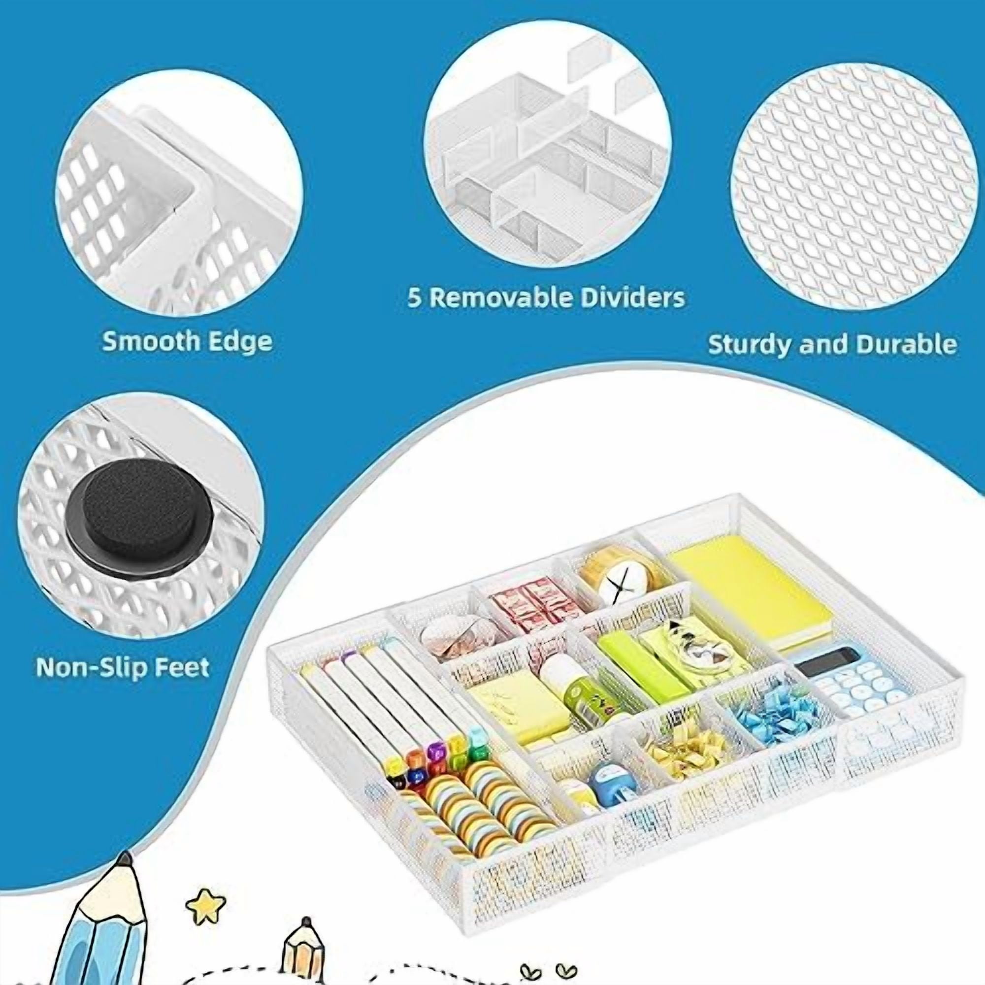 Expandable Desk Drawer Organizer, Mesh Drawer Organizer Tray with 10 Adjustable Compartments, Desk Organizers and Accessories for Office Supplies, Makeup & Vanity (Expandable White-2 pack)