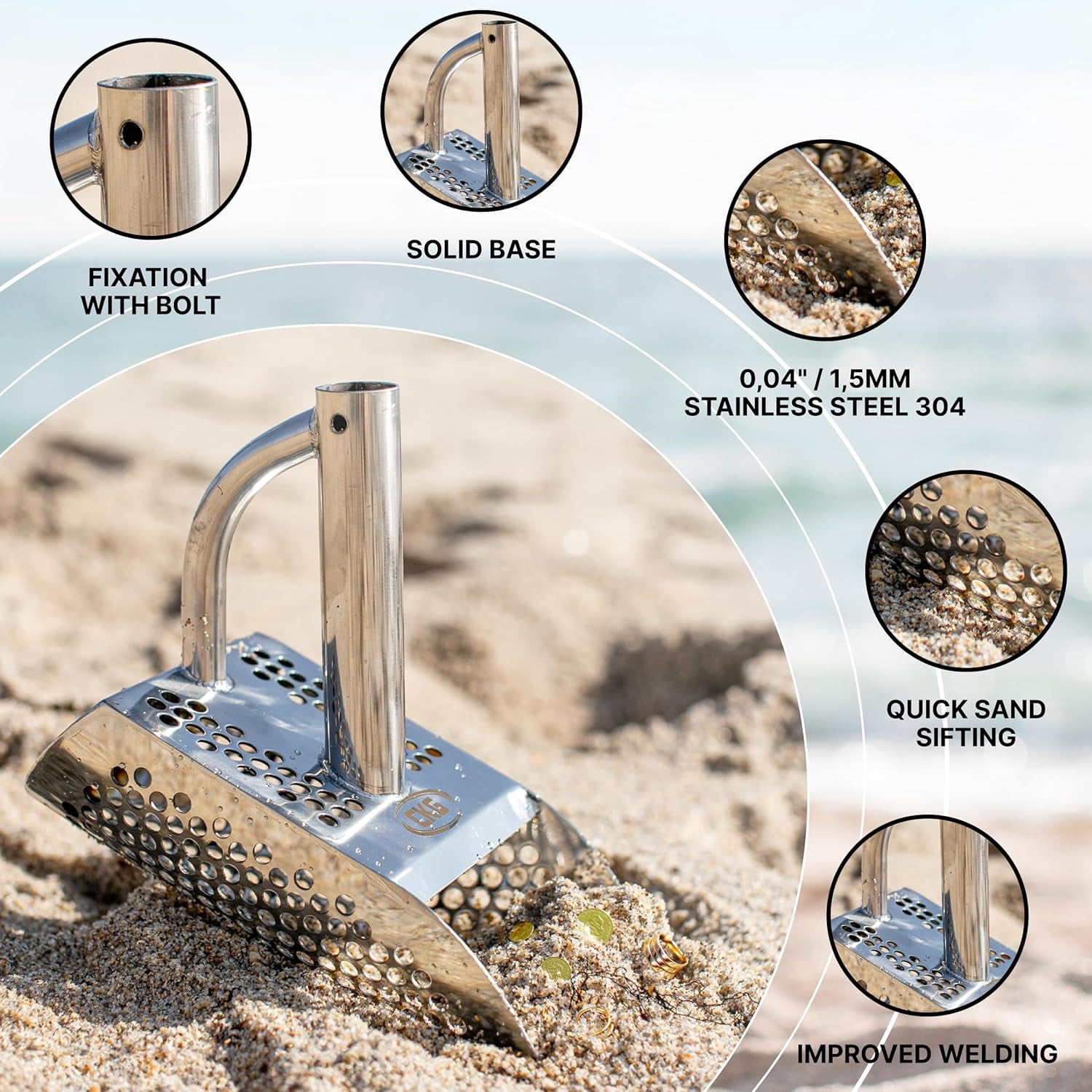 CKG Sand Scoops for Beach Metal Detecting Stainless Steel Beach Metal Detecting Shovel Underwater Treasure Hunting, Metal Detector Accessories(Bag + Scoop + Carbon Fiber Handle), (Diving + Handle)