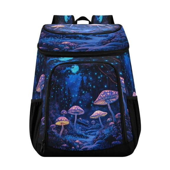 36 Can Capacity Insulated Backpack Cooler Lunch Bag for Picnics, Camping Bioluminescent Mushrooms