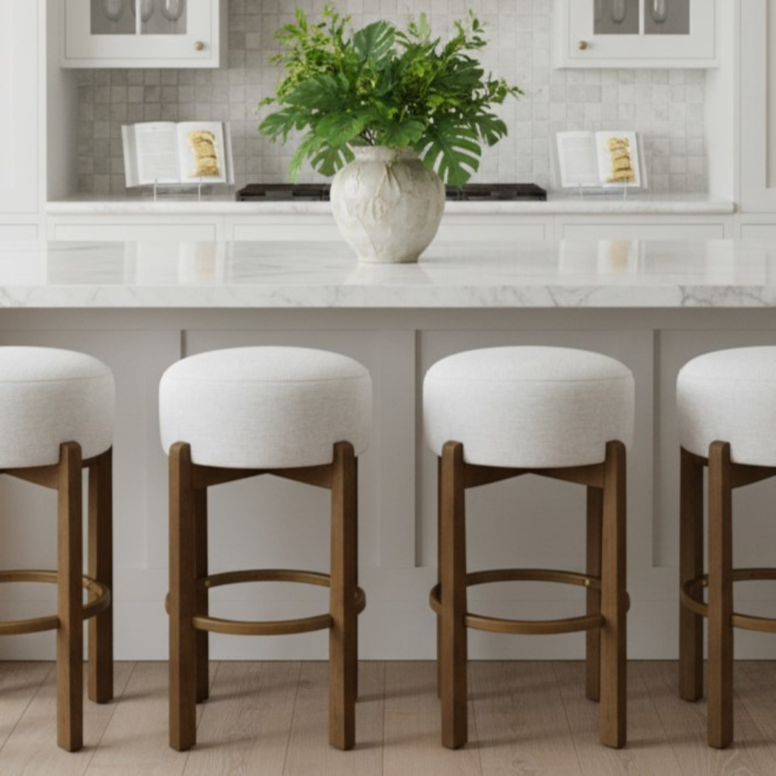 Indoor Wooden Upholstered Barstool, Dark Walnut Finish and Ivory Upholstery, Set of 2