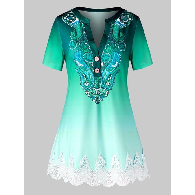 Tamaño más Ombre Paisley Imprimir Guipure de encaje de manga corta T Rosegal Camisetas tallas grandes