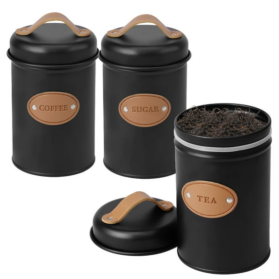 3 Pcs Tea Coffee Sugar Storage Canister Set - Labelled Containers for Tea Coffee Sugar Tins Jar Sets with Airtight Lid and Leather Handle