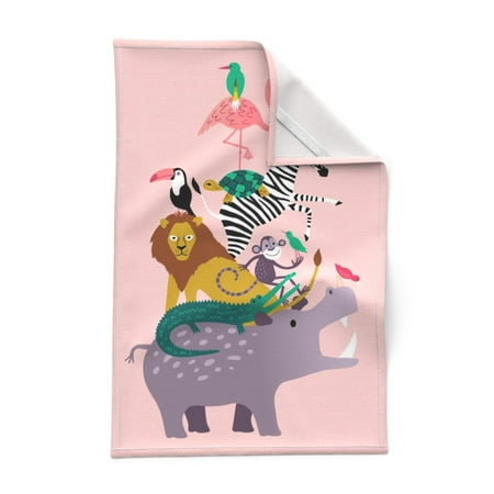 

Printed Tea Towel Linen Cotton Canvas - Safari Animal Flamingo Jungle Kids Zoo Pink Print Decorative Kitchen Towel by Spoonflower