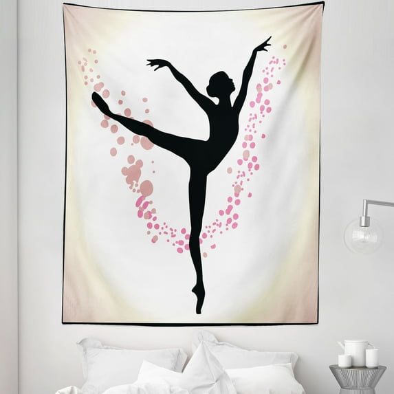 Ballet Tapestry, Silhouette of a Woman Ballet Dancer on Stage with Soft Paintbrush Marks, Fabric Wall Hanging Decor for Bedroom Living Room Dorm, 5 Sizes, Black Pink Ivory, by Ambesonne
