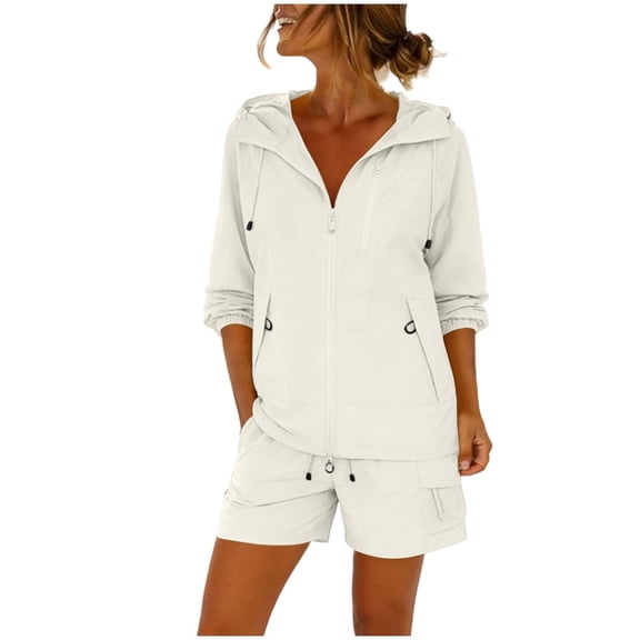 JFGHDG Womens 2 Piece Outfits UPF 50 Lightweight Windbreaker Jacket Athletic Short Sets Outdoor Tennis Running Tracksuits Beige L