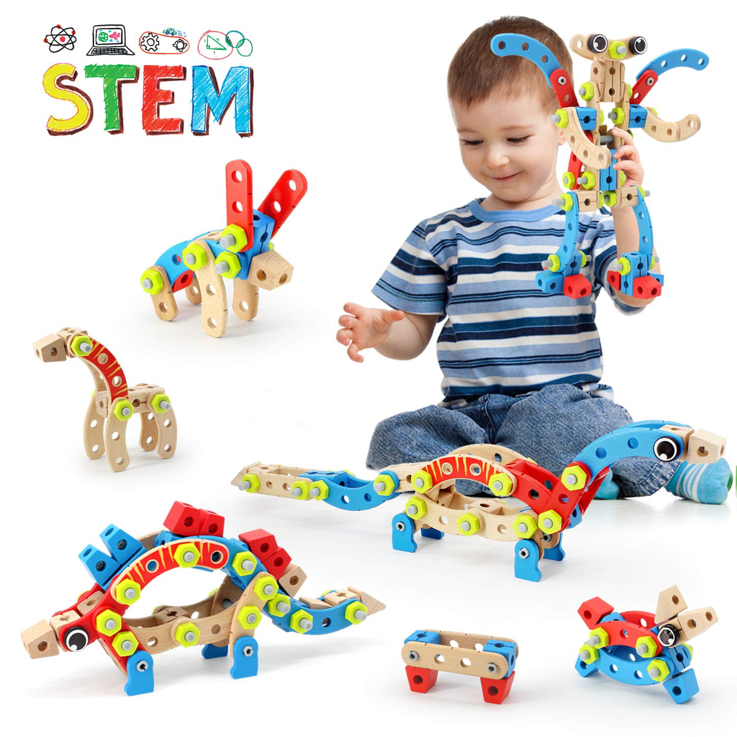 STEM Toy for 3 4 5 6 7 Year Olds Boy, 96 PCS Wooden Building Toys for 