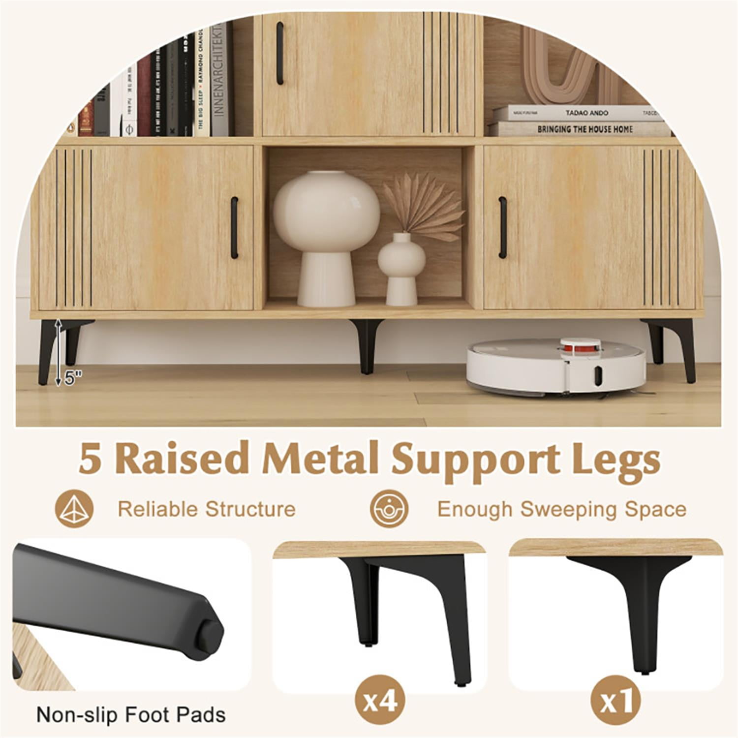 Demi Bonn 47" Sideboard Buffet Cabinet with 3 Doors and Open Compartments, Kitchen Storage Cabinet, Wood Coffee Bar Buffet Table for Dining Room, Beige