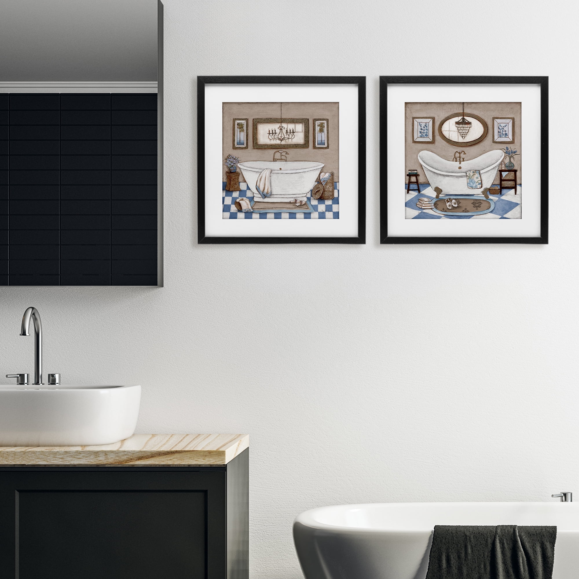 Stupell Industries Tiled Bathroom Views 2 Piece Black Framed Print Under Glass Set, design by Janet Tava