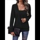 thumbnail image 2 of Tops de Larga con Cuello Cuadrado de Color Liso para Mujer Negro XL, 2 of 8