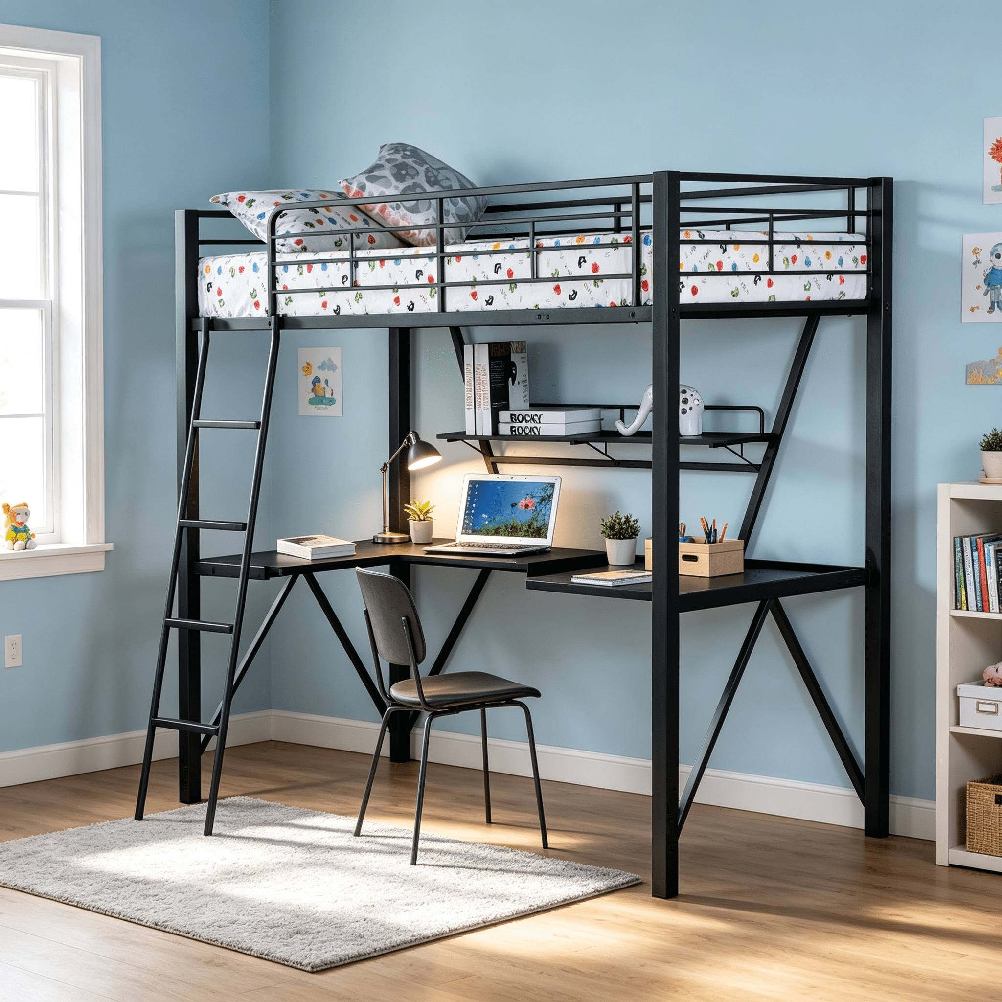 Twin Loft Bed with Desk and Reversible Ladder, Metal and Synthetic Wood Frame, Built-In Slat System, 79 in Long