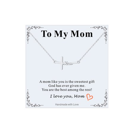 FaithHeart Silver Cross Necklace for Women Stainless Steel Dainty Horizontal Faith Pendant Necklaces with Message Card To My Mom Christian Mothers Day Birthday Gifts