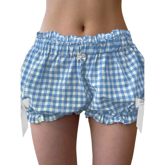 Rdhnmea Women Plaid Shorts, Elastic Waist Bows Summer Bloomer Shorts