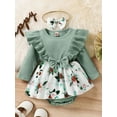 thumbnail image 2 of Seyurigaoka Infant Baby Girl Spring Autumn Jumpsuit Ribbed Flora Print Patchwork Ruffled Long Sleeve Romper Dress + Bow Headband, 2 of 9