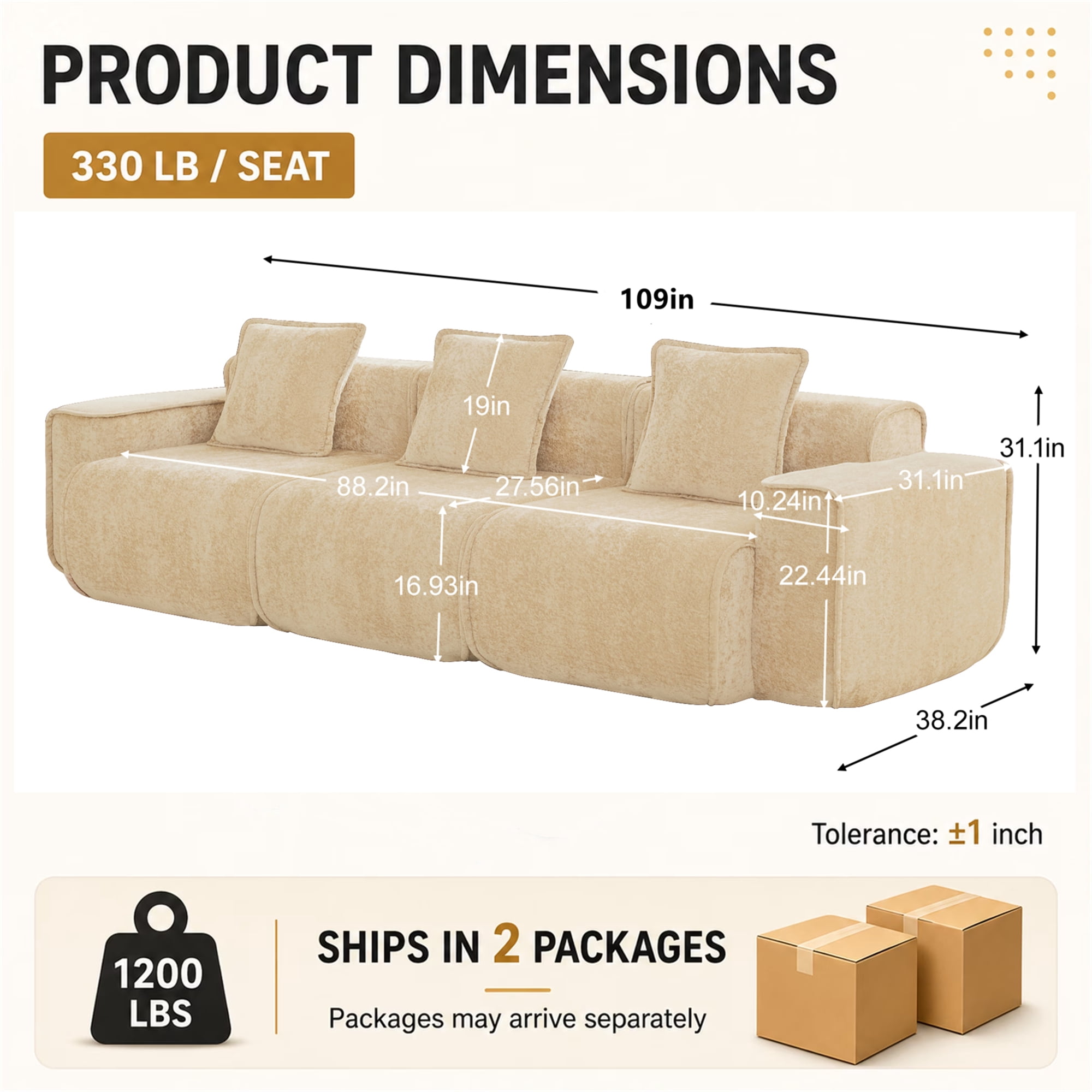 Aukfa 109" Oversized Boneless Couch Deep Seat 3 Seat Cloud Sofa for Living Room Bedroom, 3 Pillows, Velvet, Camel