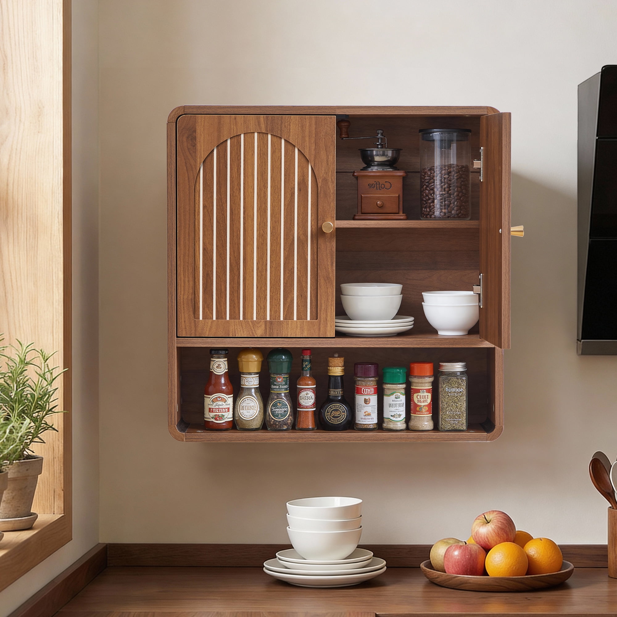 Wirrytor Fluted Wooden Medicine Cabinet Storage, Brown Bathroom Wall Cabinet with 2 Doors Adjustable Shelf and Towels Bar