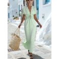 thumbnail image 3 of Women Summer V Neck Drawstring Maxi Dress Elastic Waist Flowy Vacation Dress Light Green S, 3 of 8