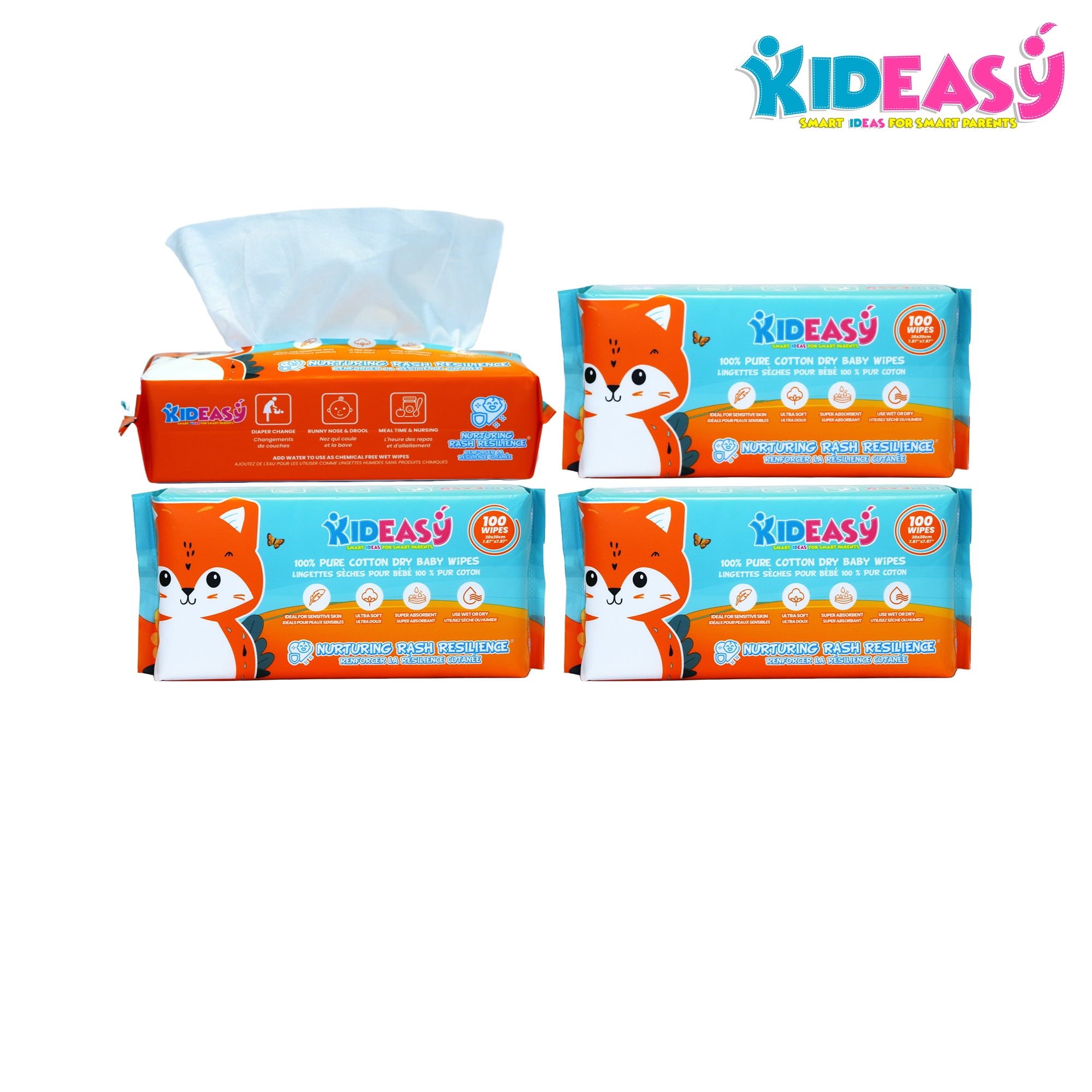 KidEasy Lingettes Bébé Sèches – 100 % Coton – 4 Paquets – 400 Lingettes